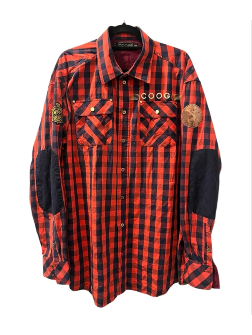 Vintage COOGI Y2K Red Black Plaid Flannel Button Up Shirt Mens 3XL Hip Hop Patch